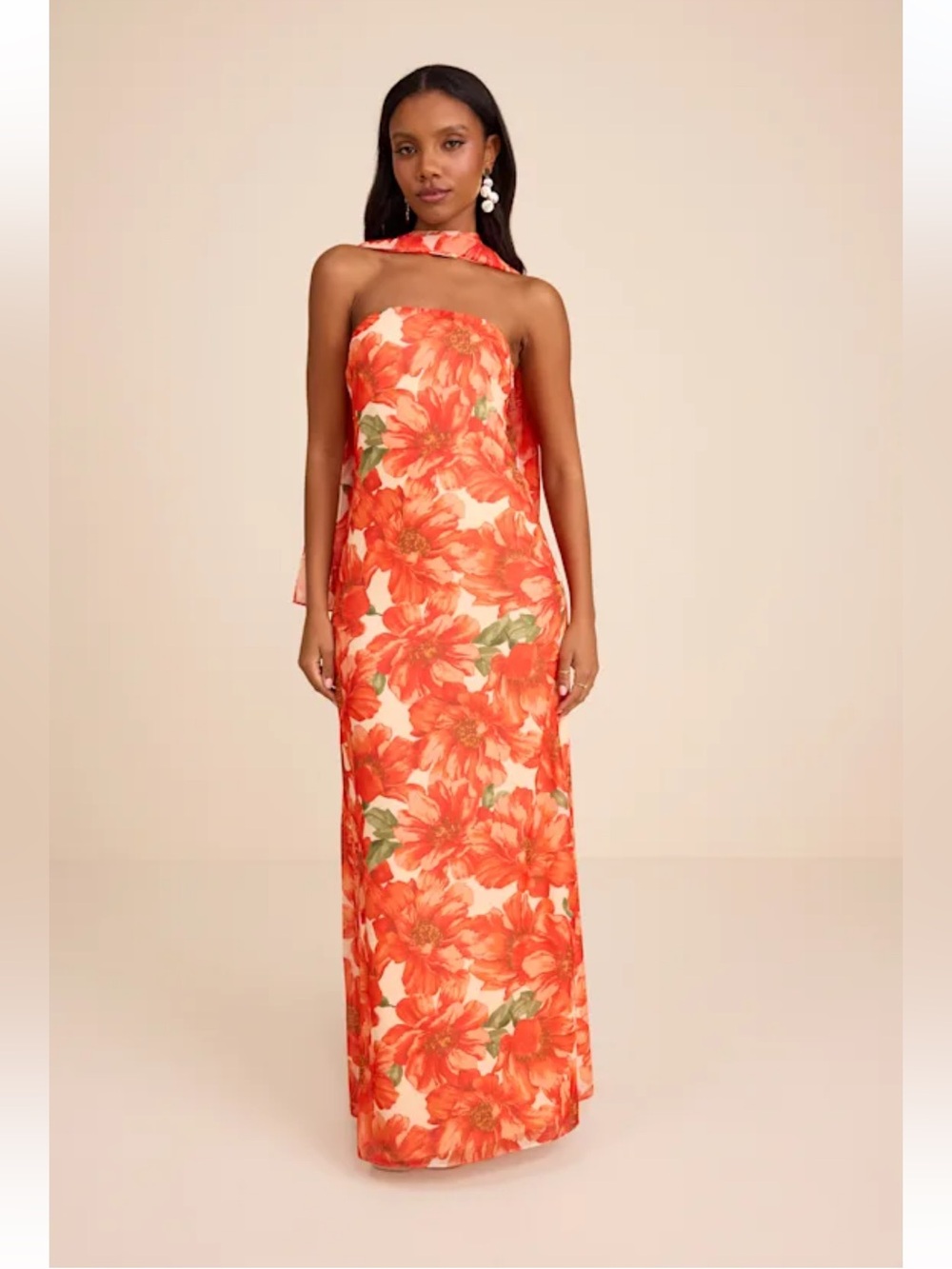 Lulus Rawya Orange Floral Strapless Maxi Dress and Scarf Set